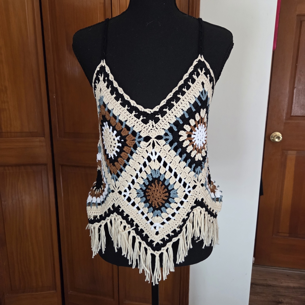 Boho Crochet Fringe Camisole Tank Top - Cream, Black & Brown
